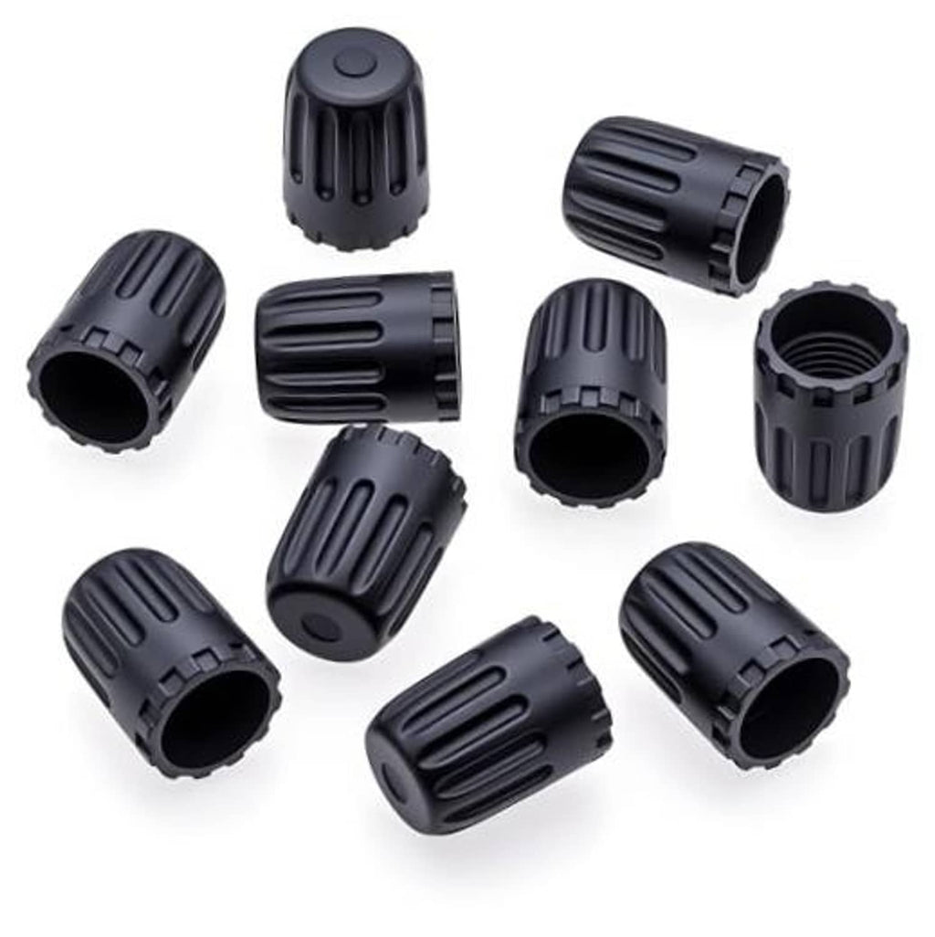 Set of 10 black plastic TPMS tire valve stem caps with ribbed grip design