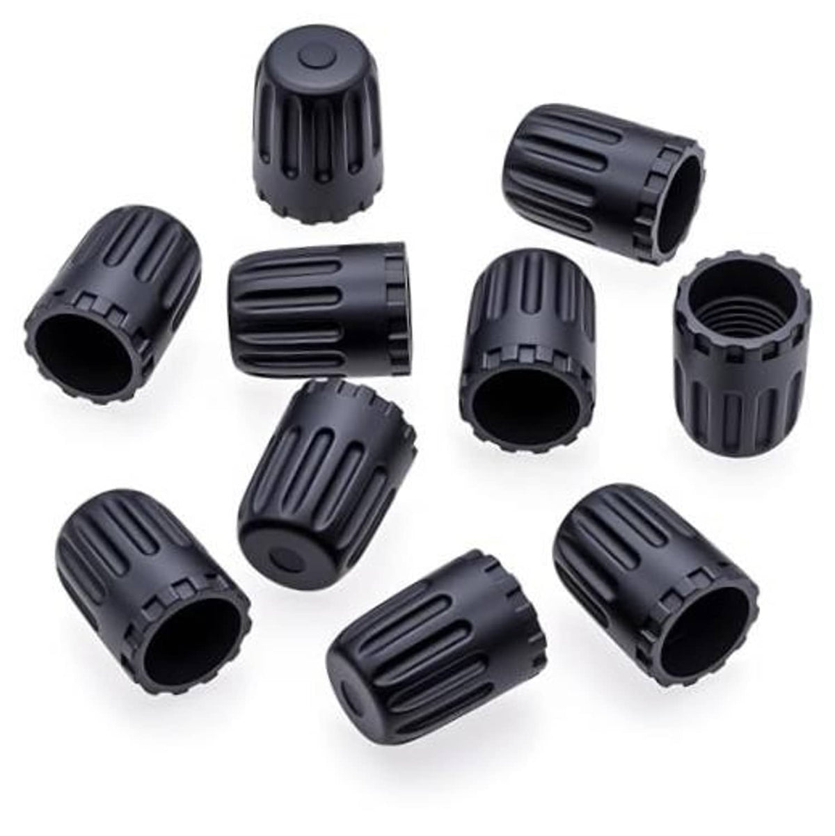 Set of 10 black plastic TPMS tire valve stem caps with ribbed grip design
