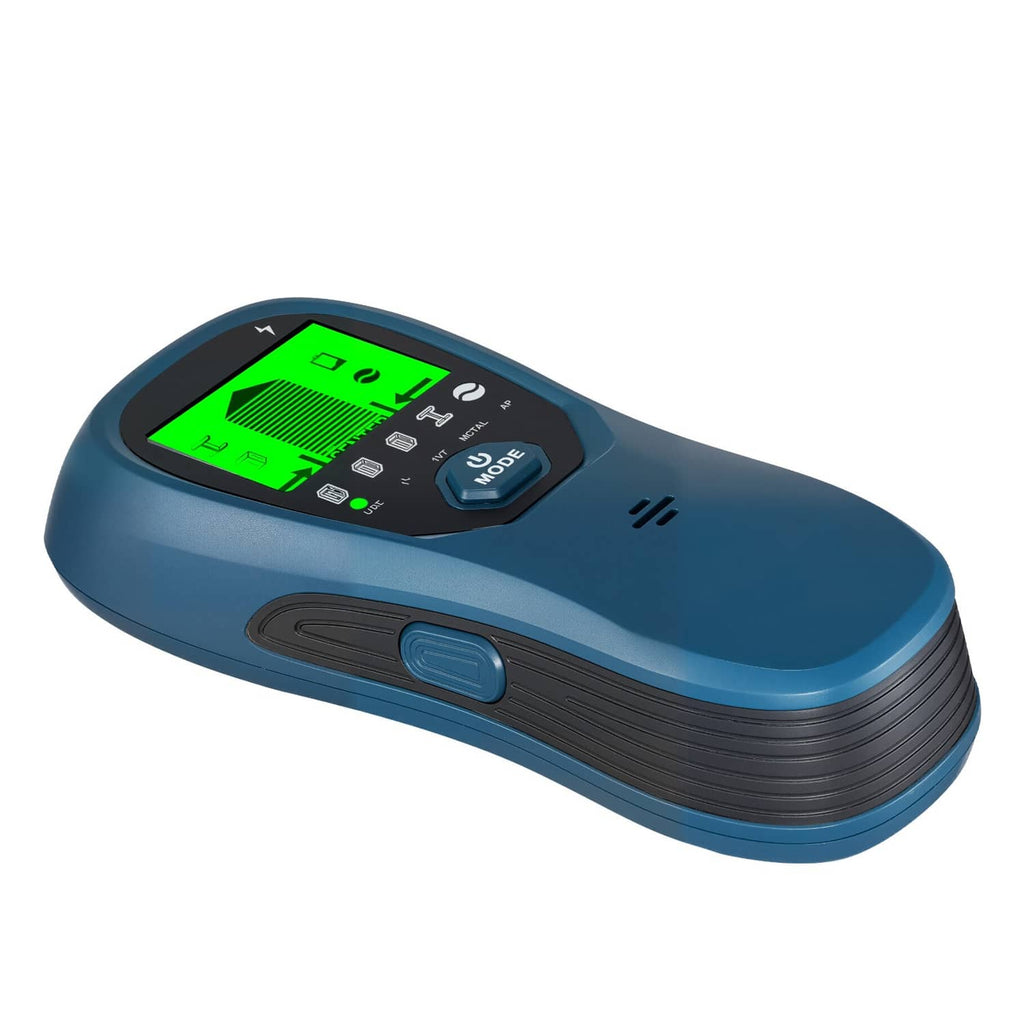 Blue electronic wall scanner angled view with green LCD screen active