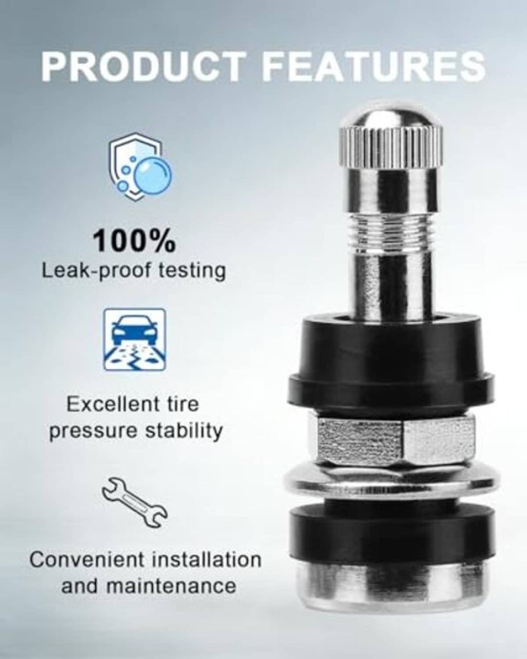 Metal clamp-in tire valve stem with chrome head and black base, leak-proof testing design