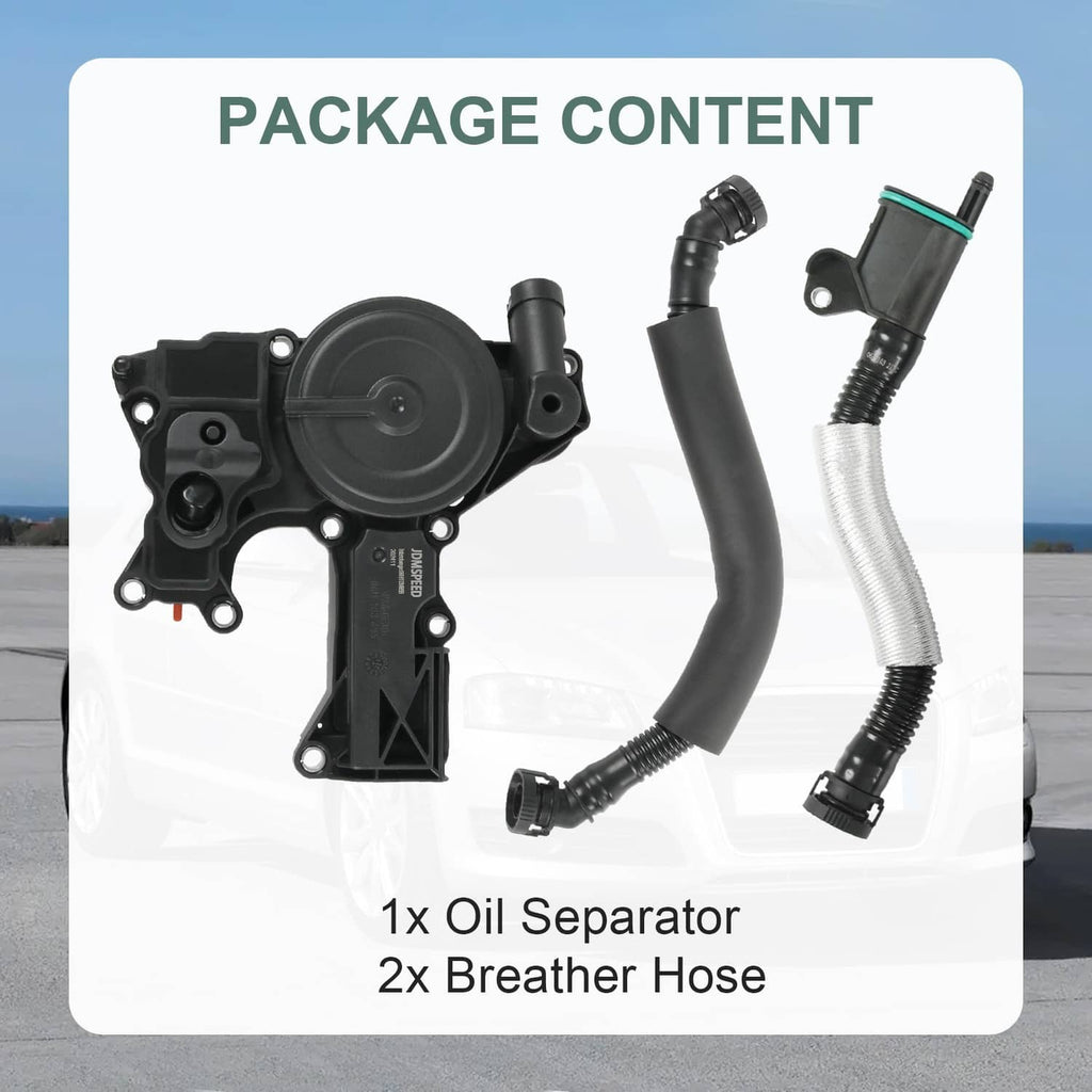PCV oil separator valve and two black breathing hoses, parts laid out
