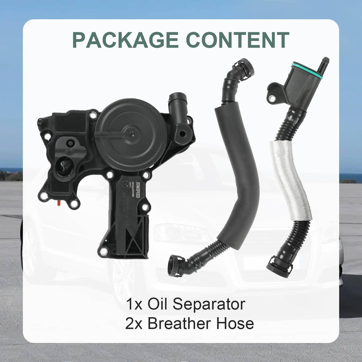 PCV oil separator valve and two black breathing hoses, parts laid out