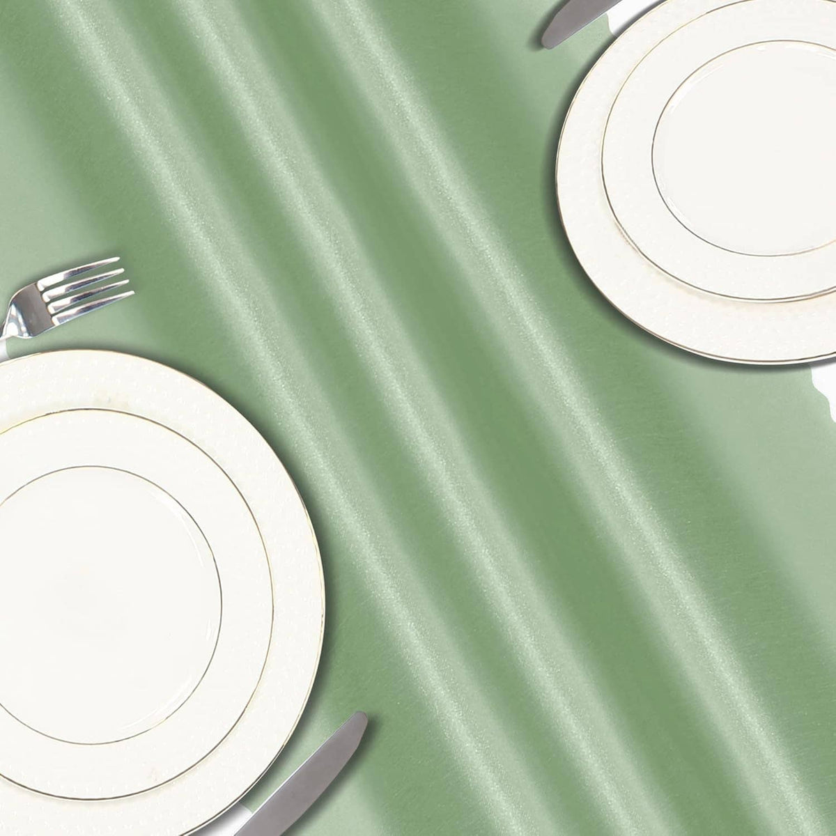Sage green satin table runner fabric close-up with smooth glossy sheen