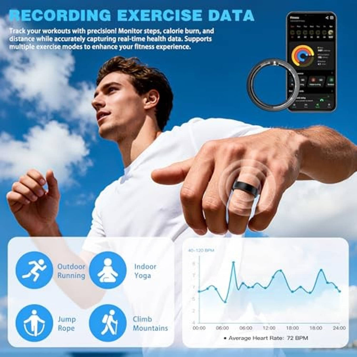 Black smart ring on a hand during exercise, with a fitness app display in the background.