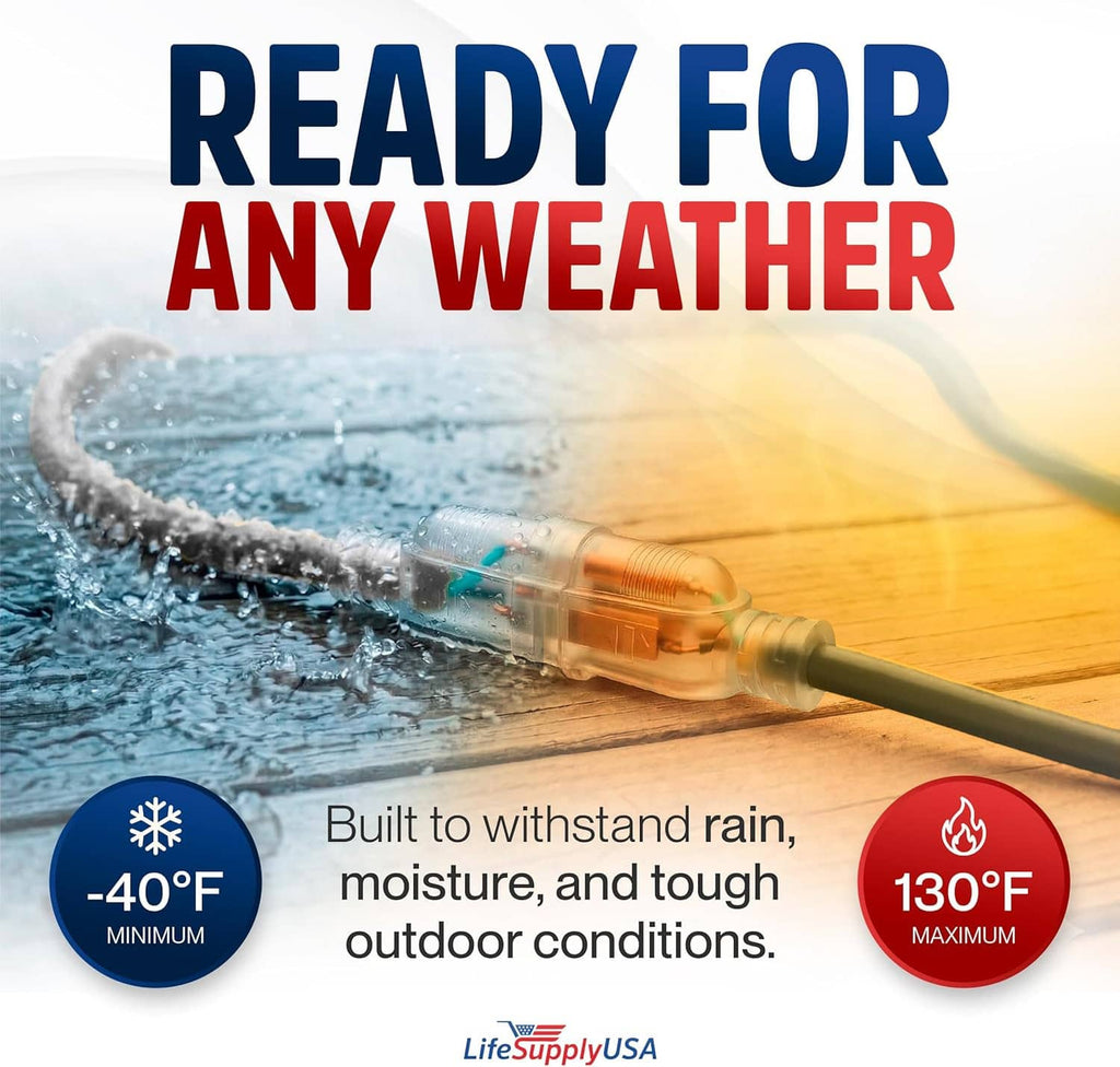 Weatherproof extension cord with lighted plug end for rain and outdoor use