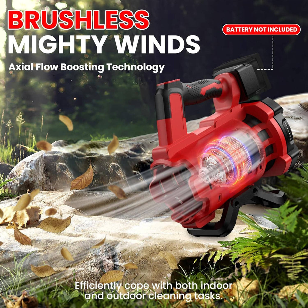 Cordless brushless leaf blower with red fan housing and black airflow tube