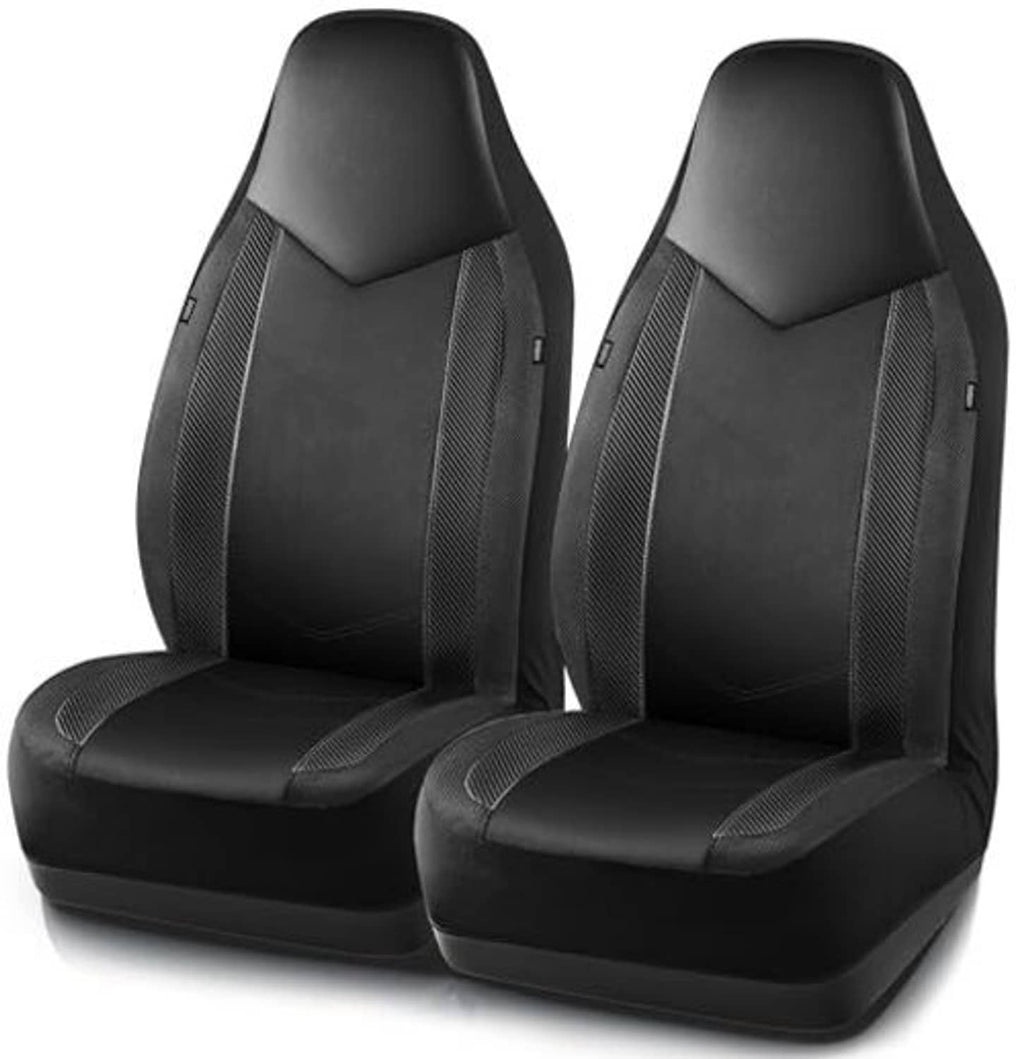 Black front seat cover set with contoured headrest and vertical mesh panels