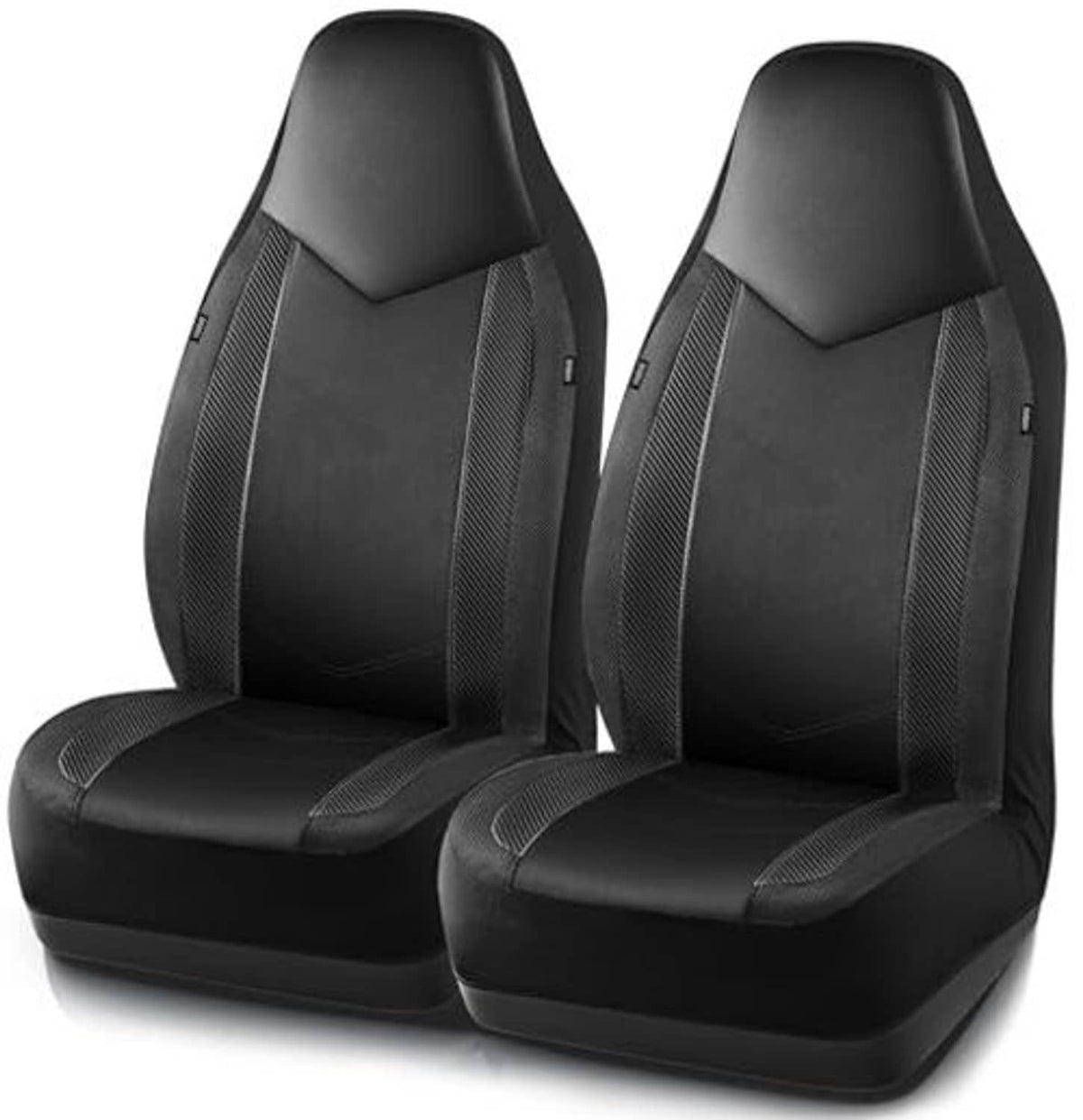 Black front seat cover set with contoured headrest and vertical mesh panels
