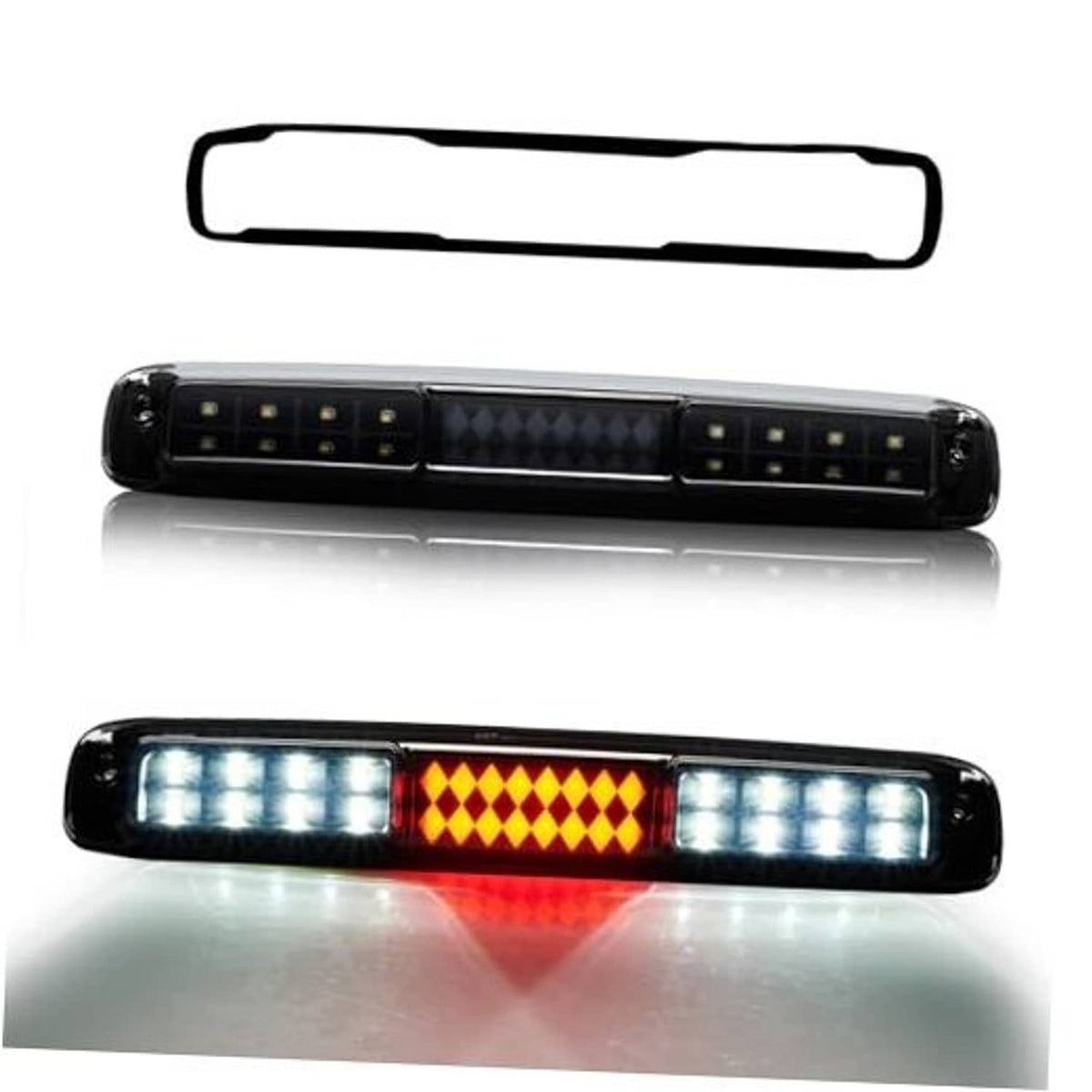 Third brake light LED bar with black housing, clear outer strips and red center lens