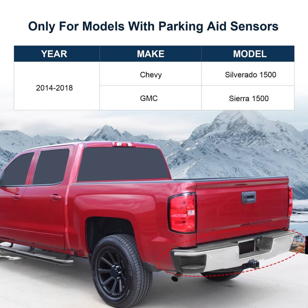 Rear step bumper installed on pickup, showing sensor-hole cutouts and black corner trim