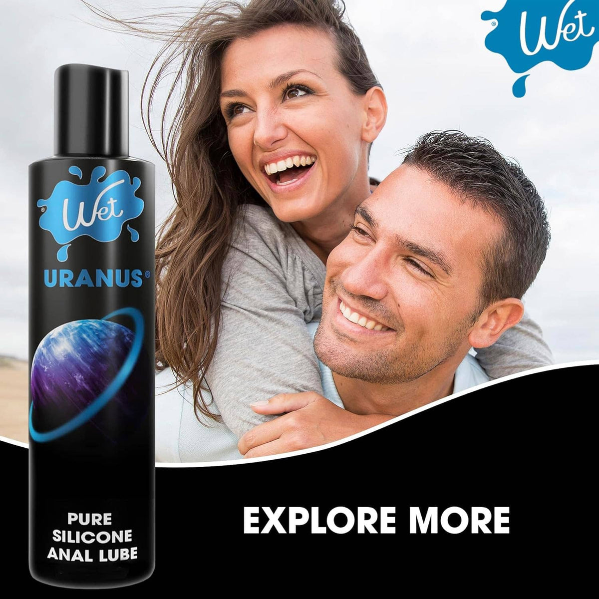 Silicone-based anal lubricant bottle next to a laughing couple posing closely