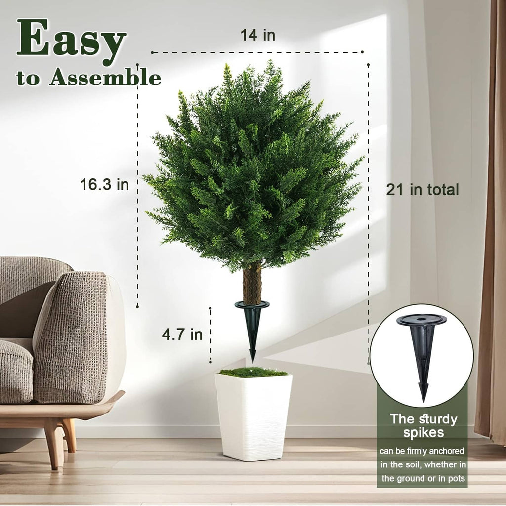 Artificial cedar topiary tree with green ball leaves and black stake base in pot