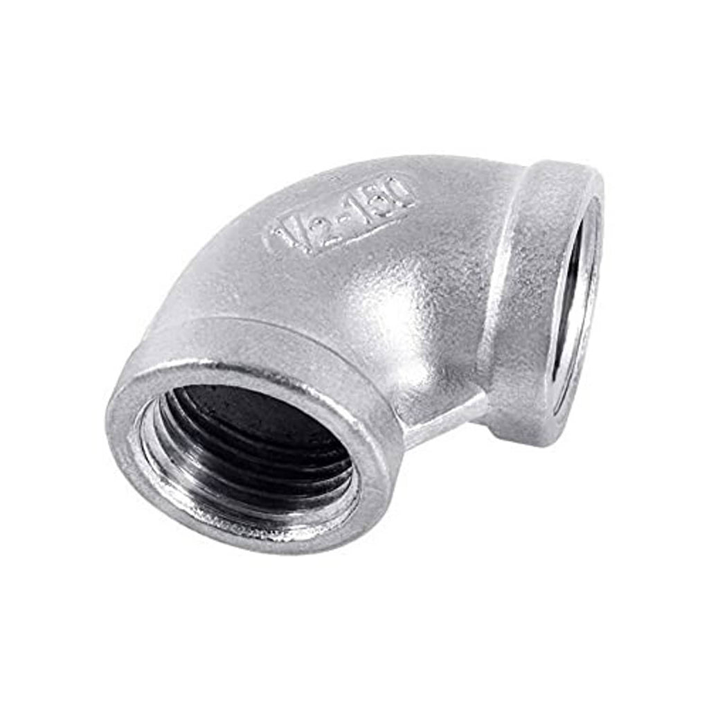 Stainless steel 304 90-degree elbow fitting with female threads, embossed 304, silver