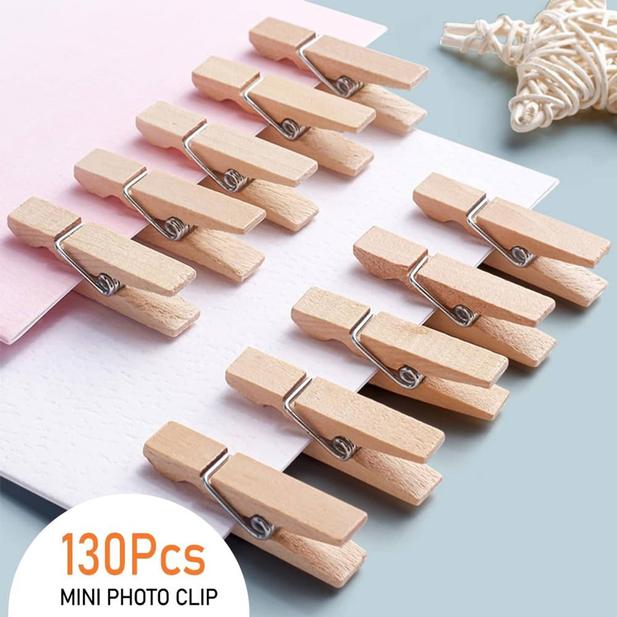 130-piece set of wooden mini photo clothes pins with metal hinges