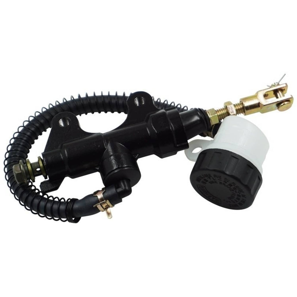 Rear brake master cylinder pump with coiled hose and clear reservoir
