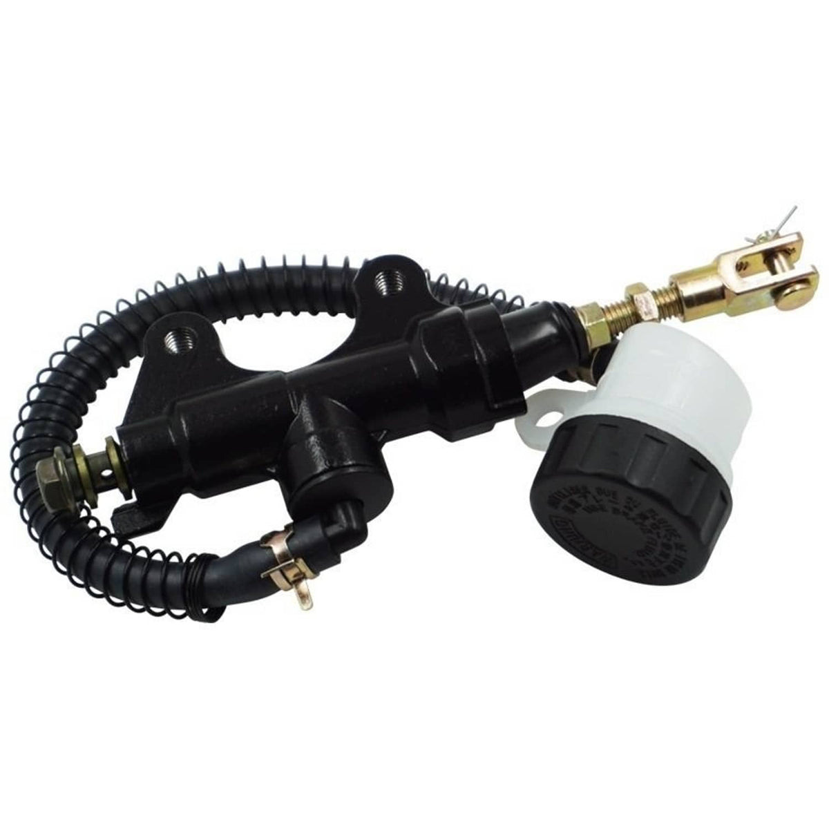 Rear brake master cylinder pump with coiled hose and clear reservoir