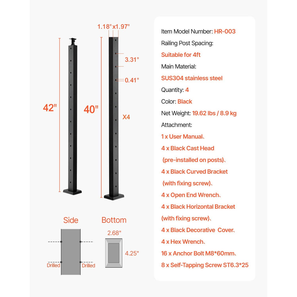 Cable railing post set with size diagram for black posts and base