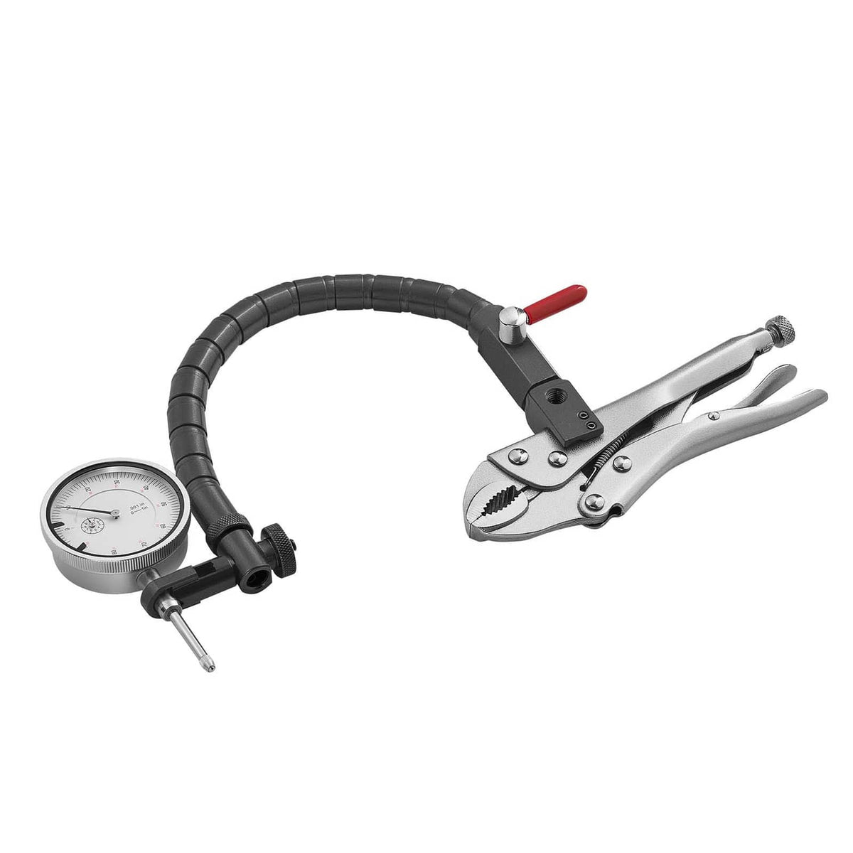 Dial test indicator with flexible arm and locking pliers; gauge dial and metal probe
