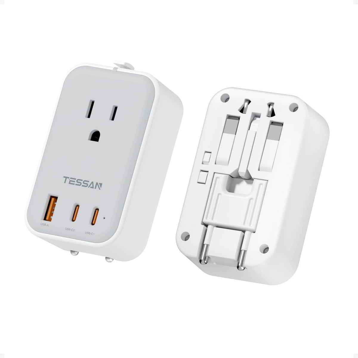 Grey universal travel adapter with two-prong outlet and pin socket plate