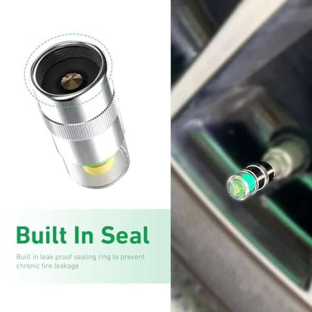 Car valve stem cap with seal, silver metal, colored indicator window on a tire valve