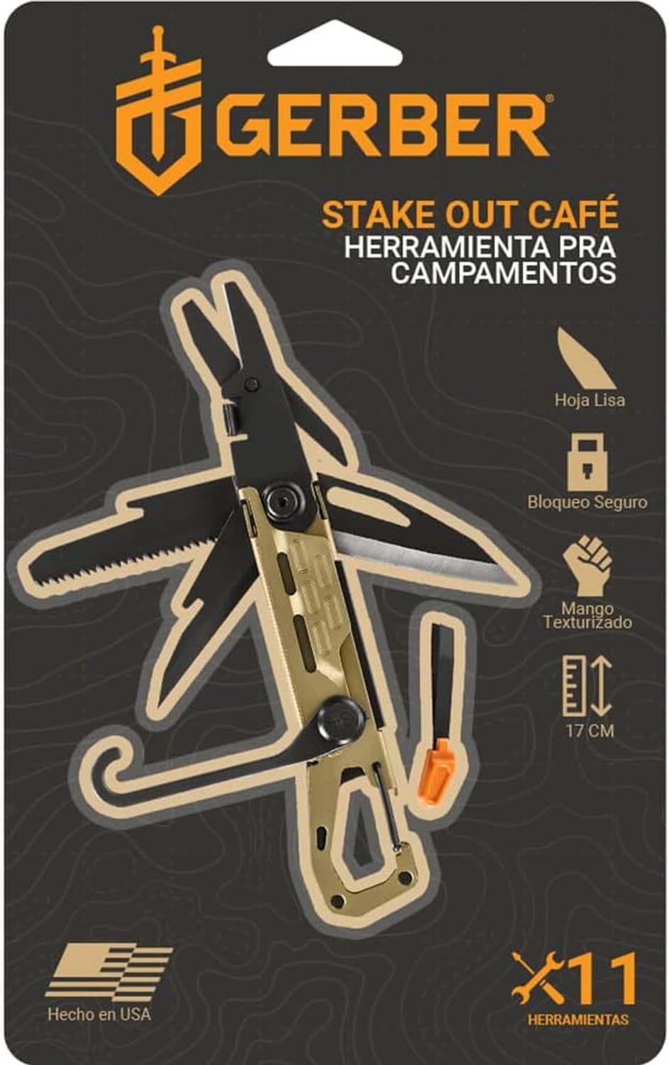 Gerber Stake Out 11-in-1 multi-tool package, tan and black folding tool