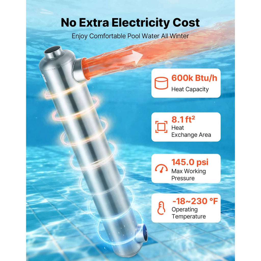 Stainless steel shell-and-tube pool heat exchanger with inlet and outlet fittings