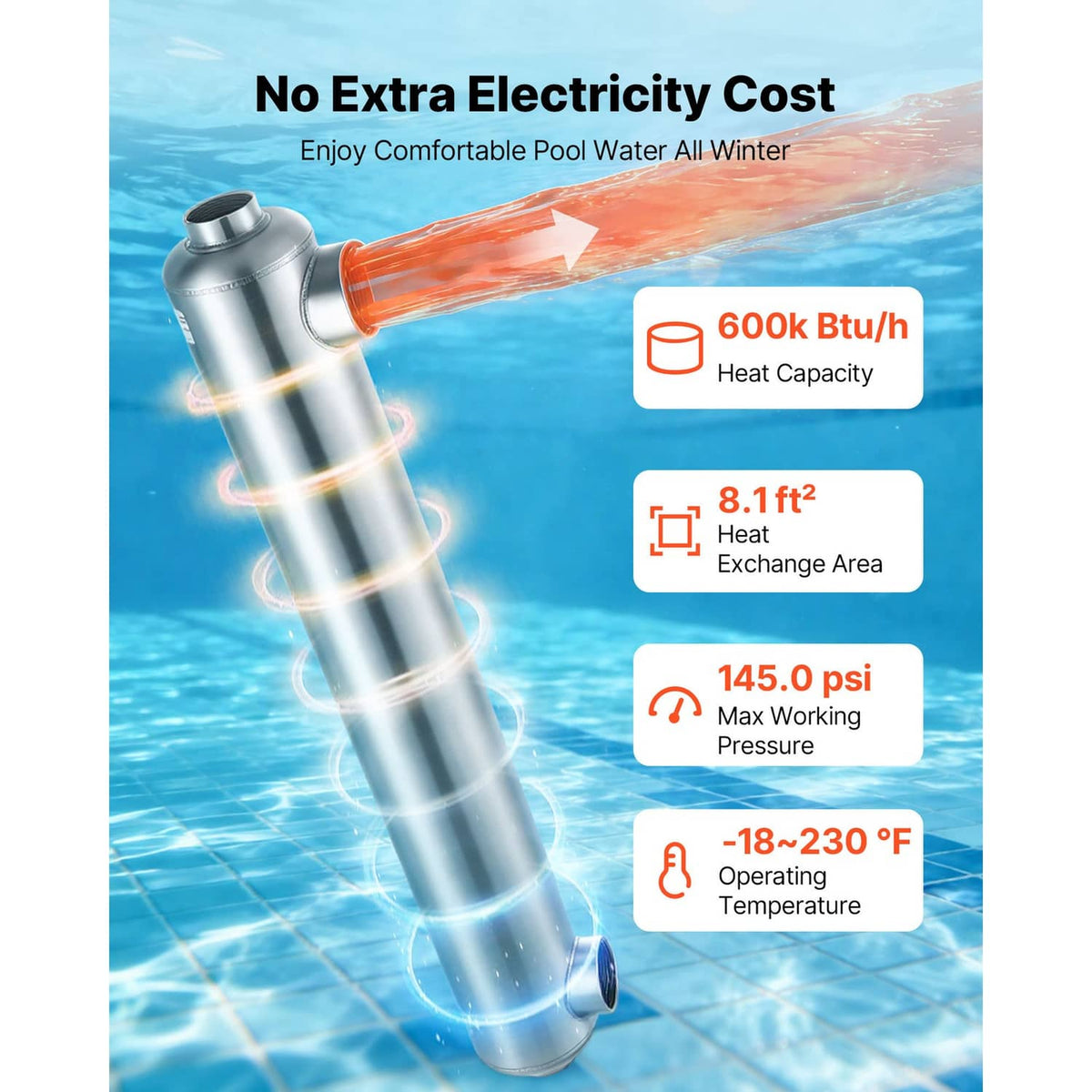 Stainless steel shell-and-tube pool heat exchanger with inlet and outlet fittings