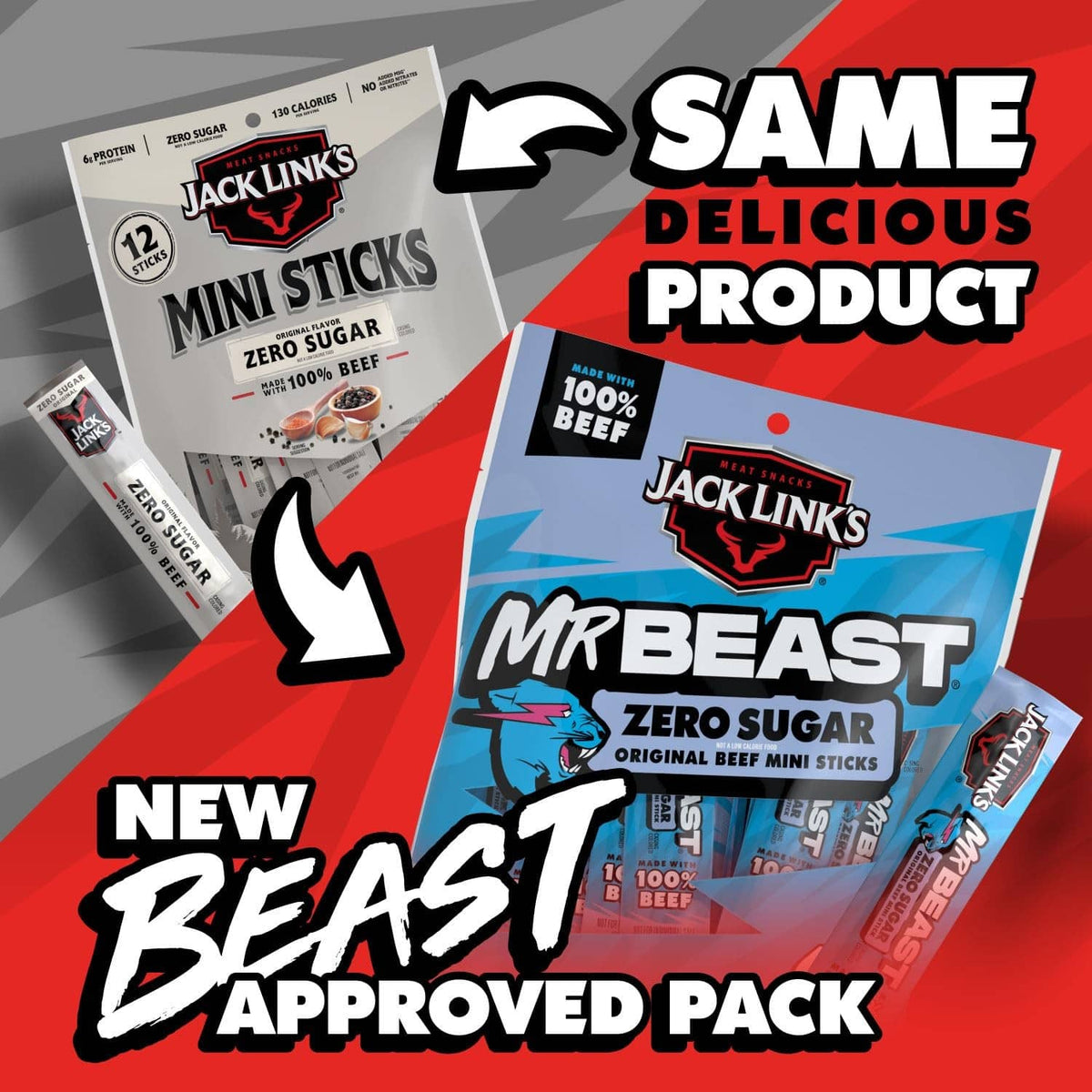 MrBeast zero sugar beef sticks pack, 12 sticks, 'same delicious product' graphic