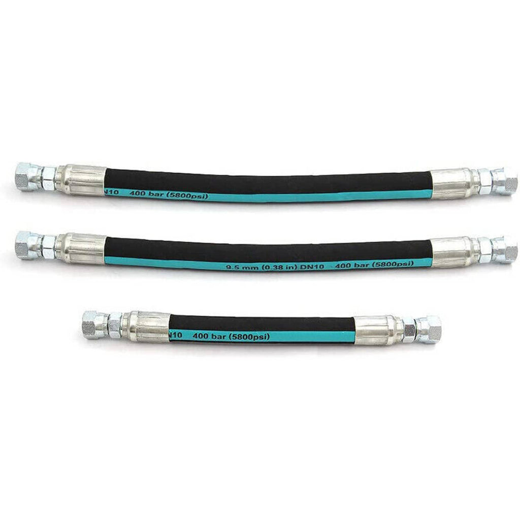 Three-piece high-pressure oil hose set with teal stripe and chrome metal connector ends