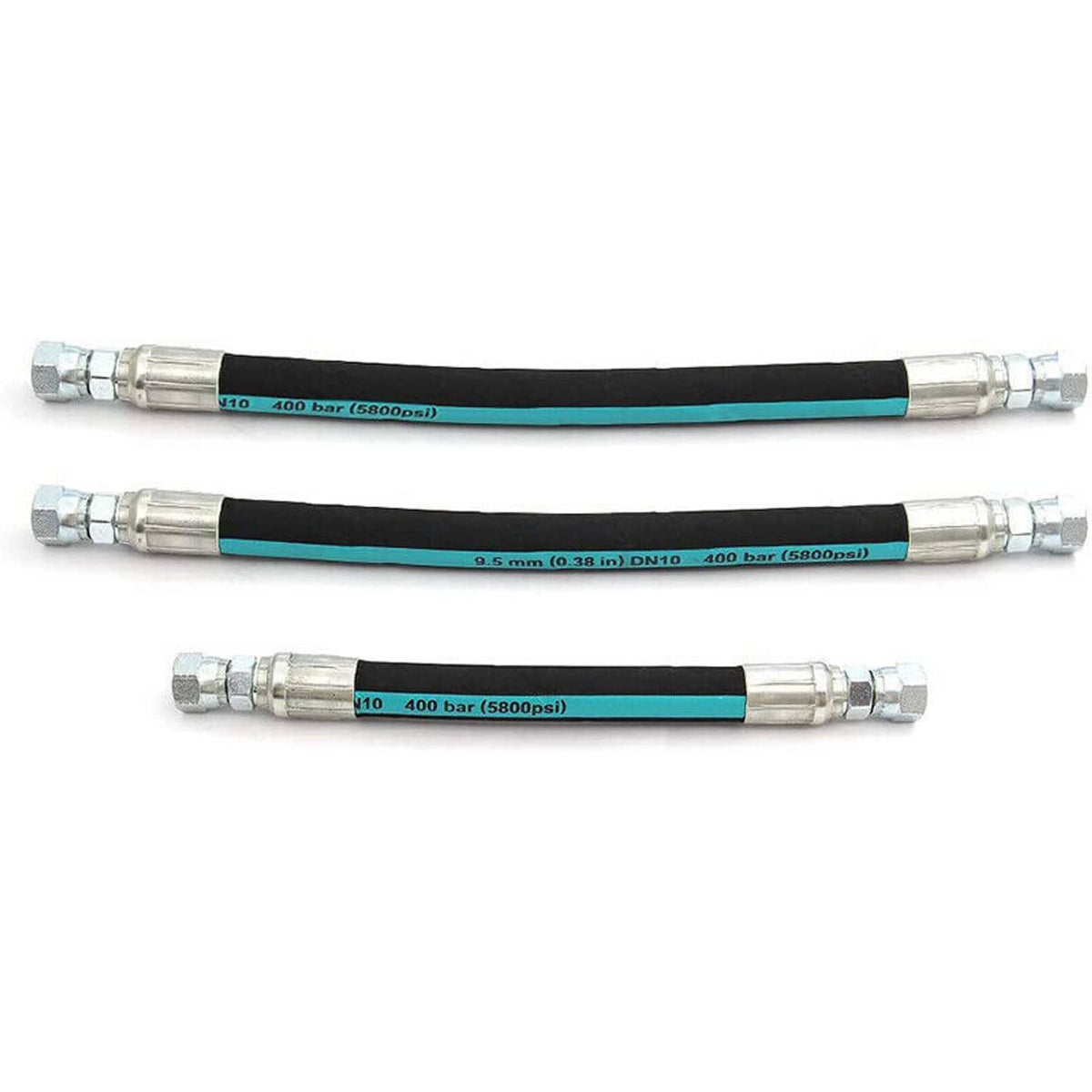 Three-piece high-pressure oil hose set with teal stripe and chrome metal connector ends