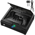 Black biometric handgun safe with open top and interior foam storage compartments