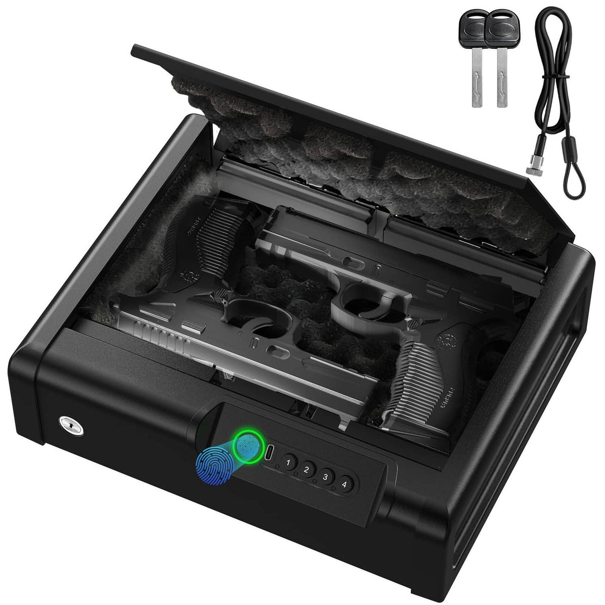 Black biometric handgun safe with open top and interior foam storage compartments