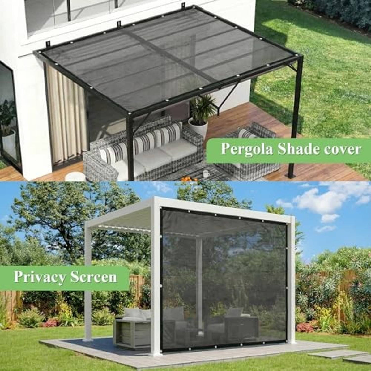 Black mesh pergola shade cover with grommets on patio and garden