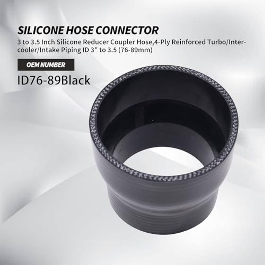 Black silicone hose connector reducer, 4-ply reinforced, ribbed body with rim