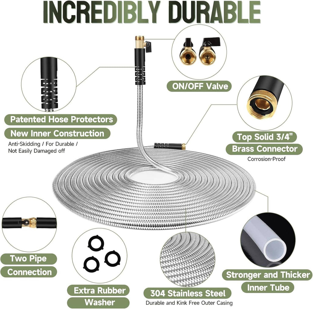 Stainless steel garden hose kit with green-and-black trigger nozzle and brass connections
