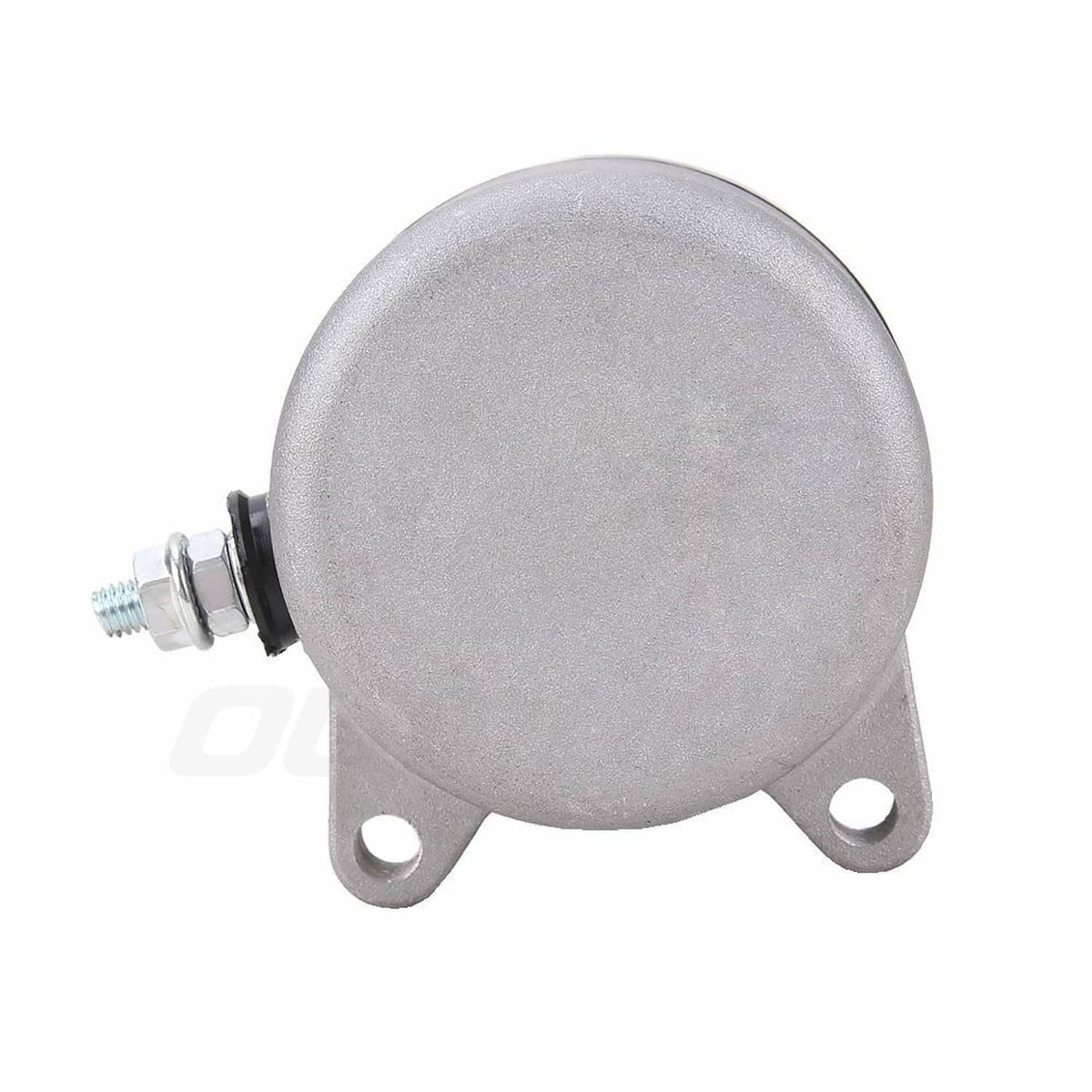 Starter motor end cap with two screw holes, silver gray finish, compact housing