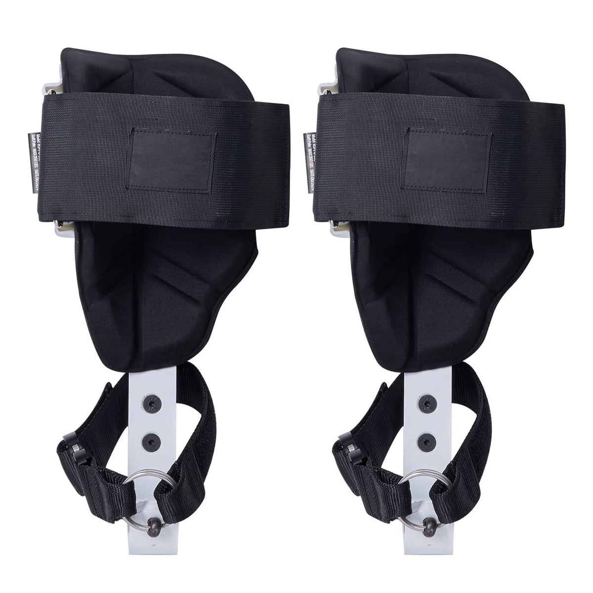 Tree climbing spurs back view pair with black fabric covers and adjustable ankle straps
