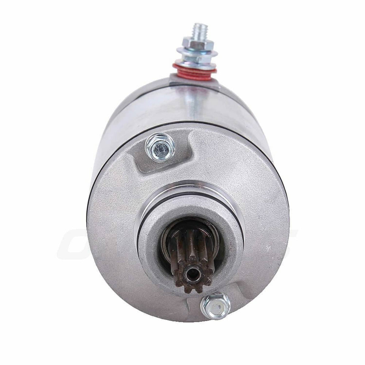 Starter motor with round housing, mounting bolts, and visible drive gear opening