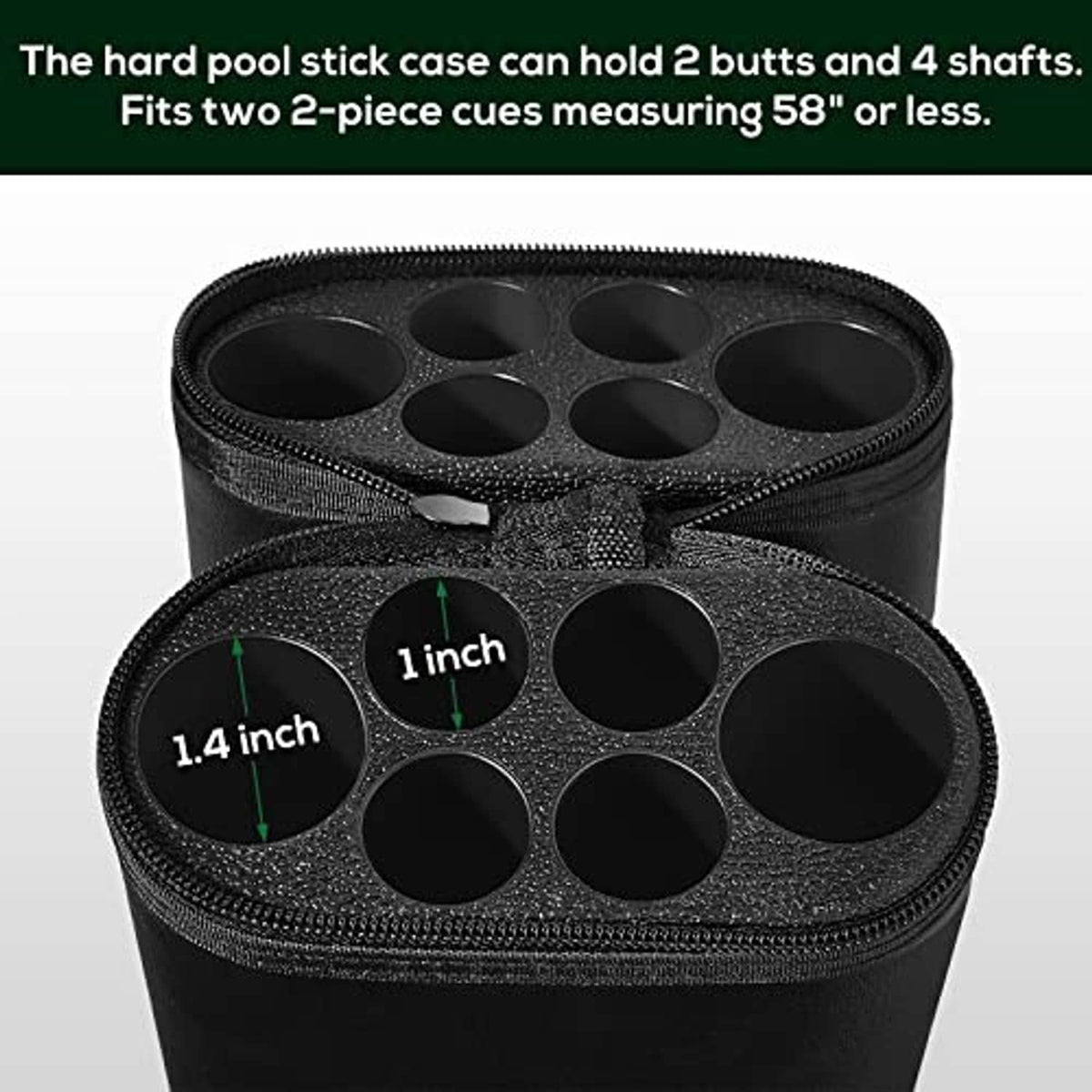 Black cue case end cap insert with circular openings for cue storage
