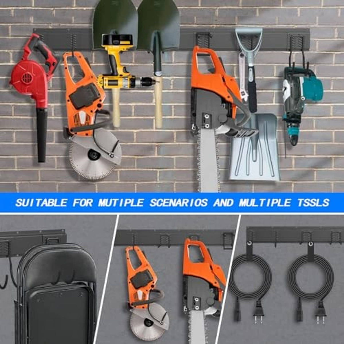 Garage wall tool organizer with black hooks holding tools and hose reels on rack