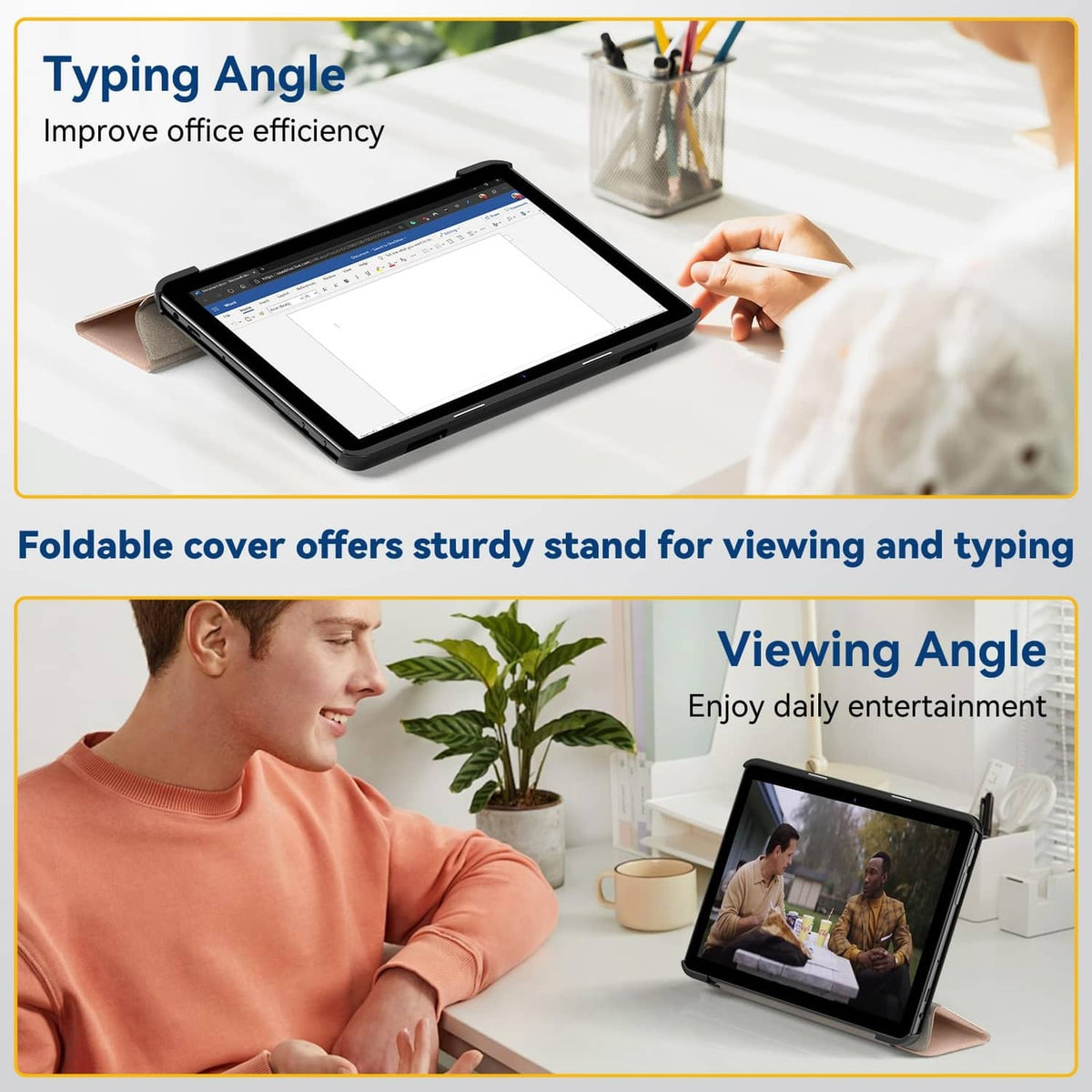 Rose gold tablet folio case folded into viewing stand with tablet resting on cover
