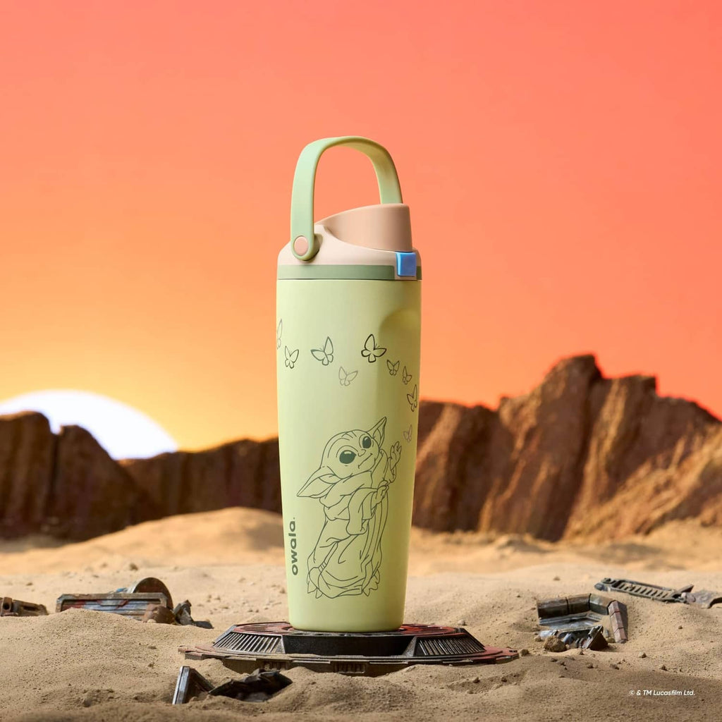 Owala 30 oz insulated water bottle with GroGu print, green, standing upright
