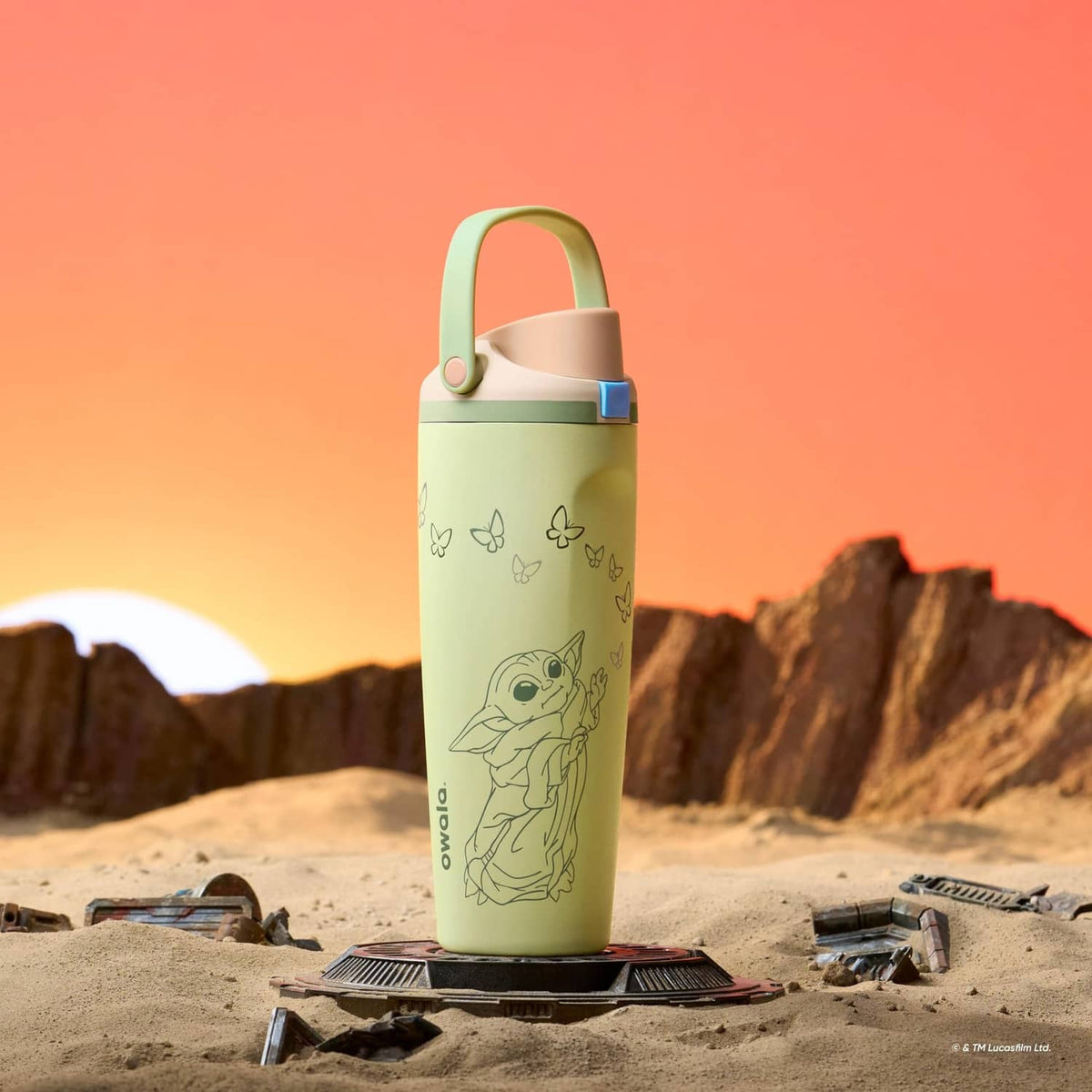 Owala 30 oz insulated water bottle with GroGu print, green, standing upright