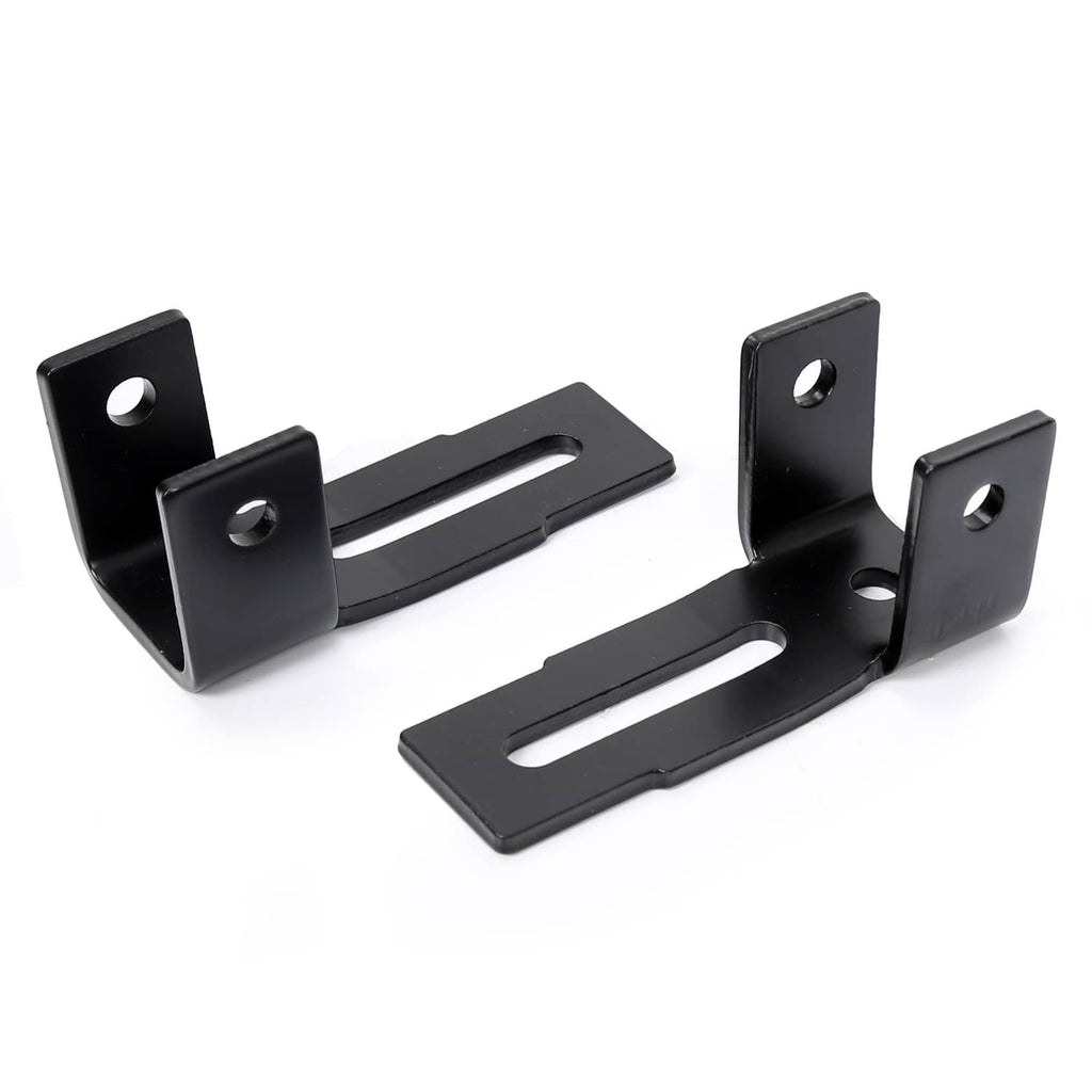 Two black curved end brackets with circular mounting holes and long slots