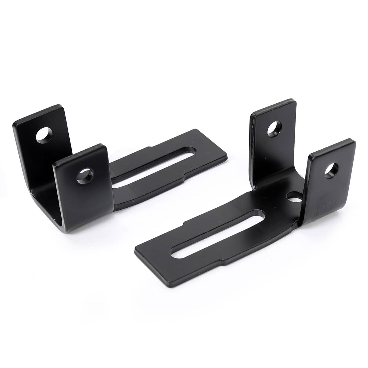 Two black curved end brackets with circular mounting holes and long slots