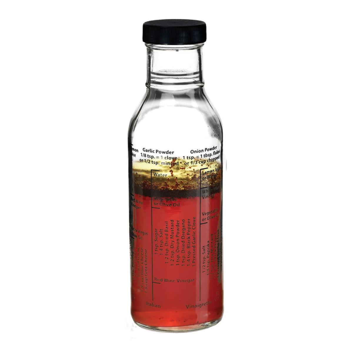 Glass salad dressing bottle with black cap, red dressing inside