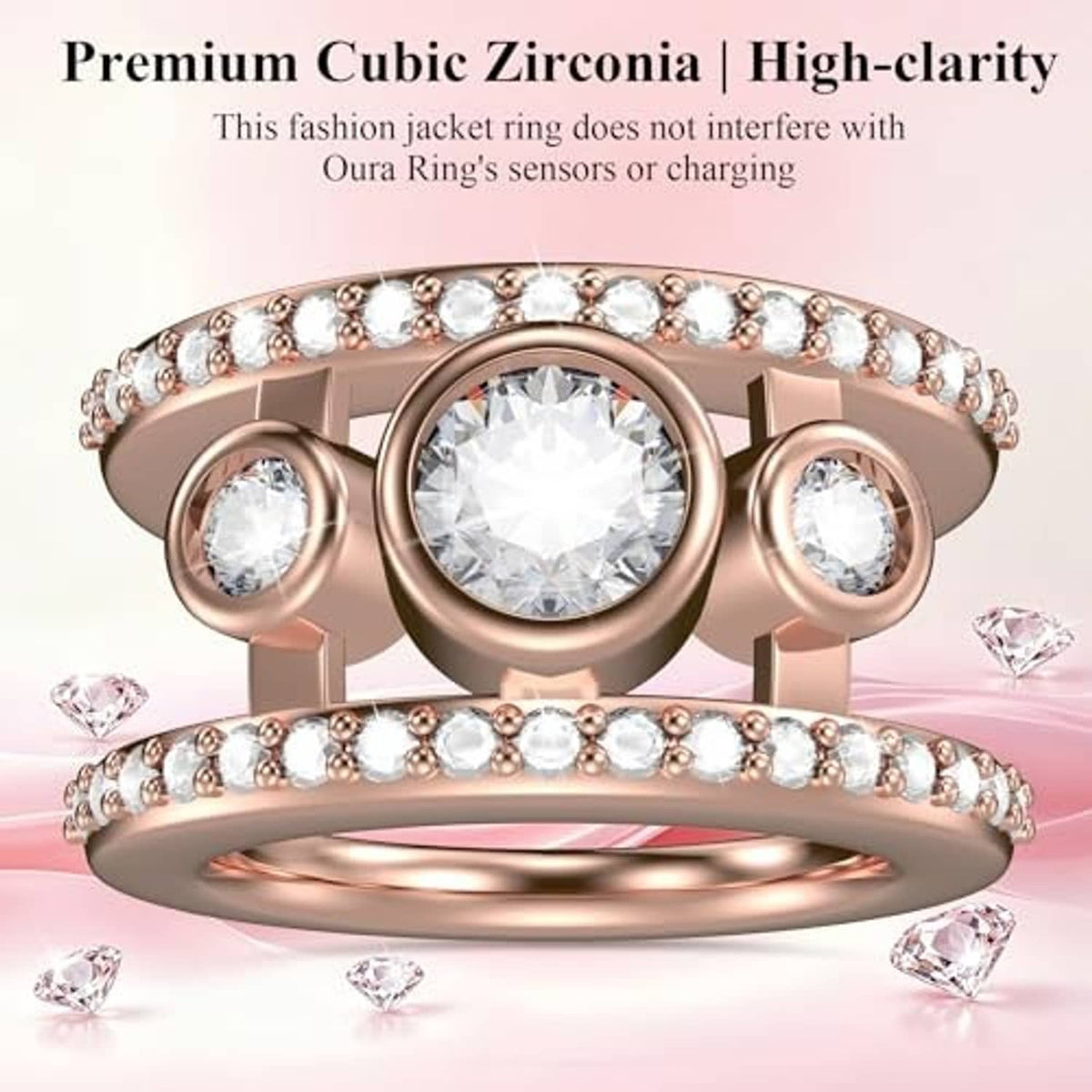 Rose gold-tone jacket ring with big center round clear stone and two rows of zircons