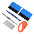 Vehicle vinyl wrap tool kit set with blue felt squeegees, metal blades, and orange cutter