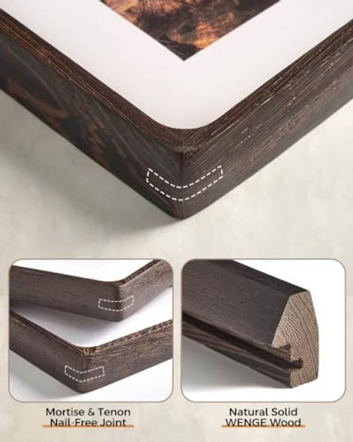 Wenge wood picture frame corner joint with stitched detail and rounded edge