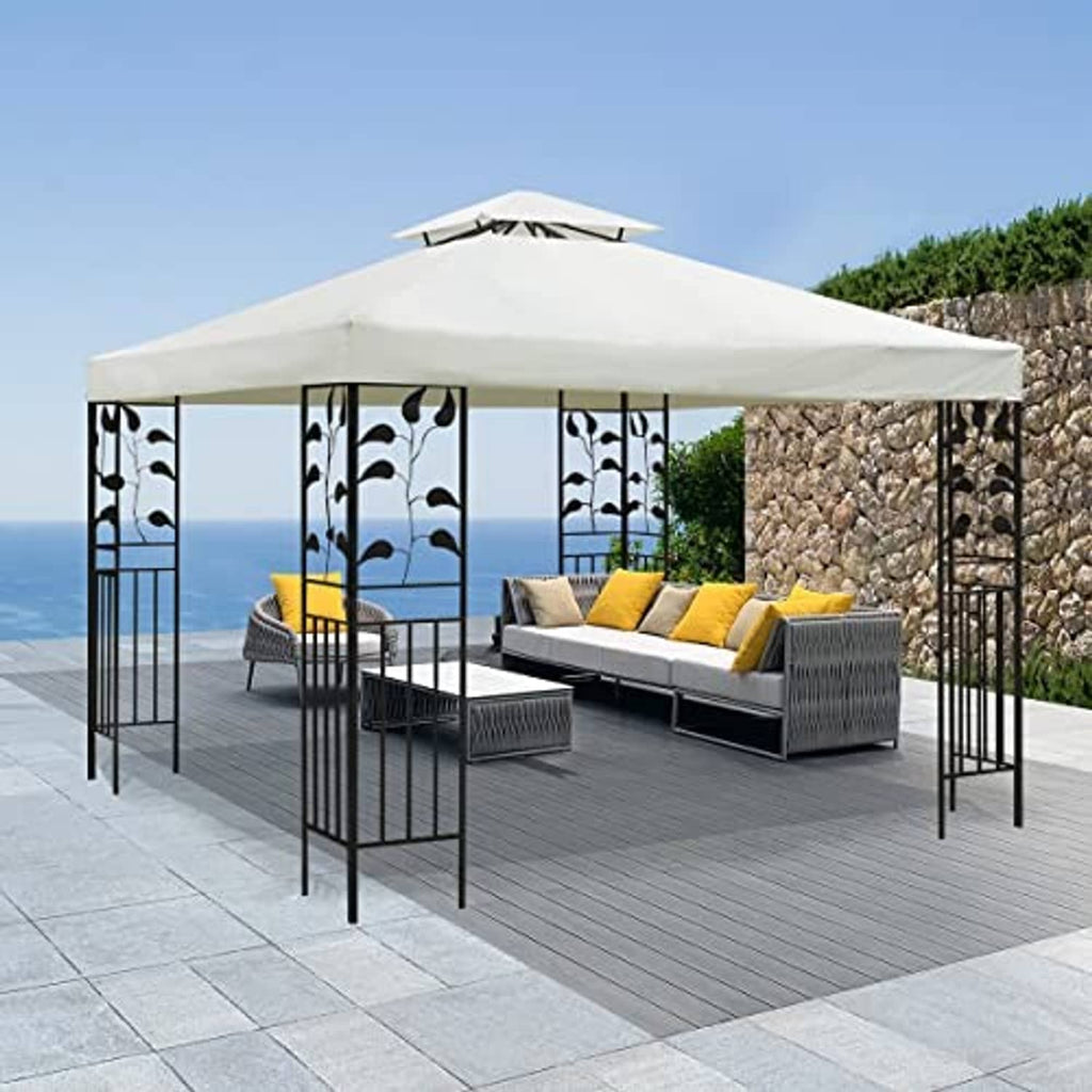 Off-white gazebo canopy top over patio seating with black support posts